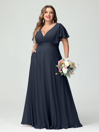 Forme Princesse Col V Manches Courtes Mousseline Grande taille Robes de demoiselle d'honneur avec Poches