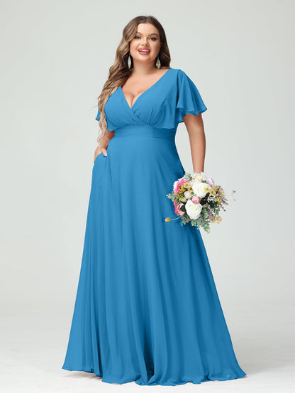 Forme Princesse Col V Manches Courtes Mousseline Grande taille Robes de demoiselle d'honneur avec Poches