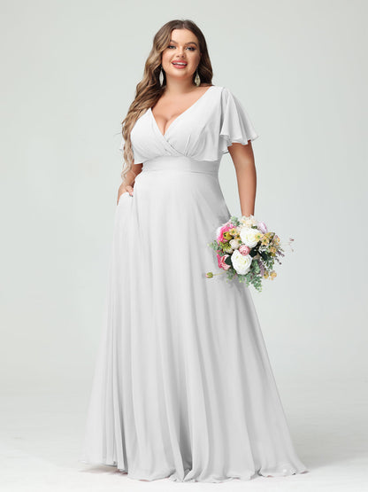Forme Princesse Col V Manches Courtes Mousseline Grande taille Robes de demoiselle d'honneur avec Poches