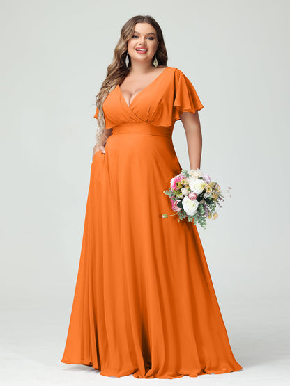 Forme Princesse Col V Manches Courtes Mousseline Grande taille Robes de demoiselle d'honneur avec Poches