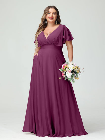 Forme Princesse Col V Manches Courtes Mousseline Grande taille Robes de demoiselle d'honneur avec Poches