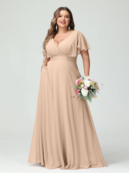 Forme Princesse Col V Manches Courtes Mousseline Grande taille Robes de demoiselle d'honneur avec Poches