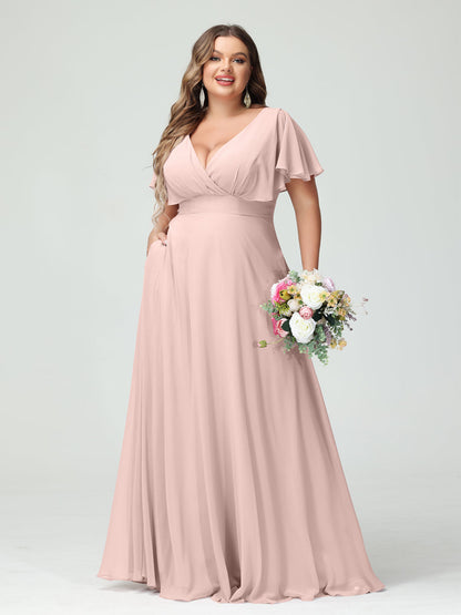 Forme Princesse Col V Manches Courtes Mousseline Grande taille Robes de demoiselle d'honneur avec Poches
