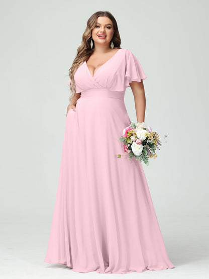 Forme Princesse Col V Manches Courtes Mousseline Grande taille Robes de demoiselle d'honneur avec Poches
