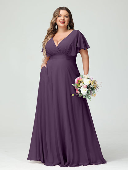 Forme Princesse Col V Manches Courtes Mousseline Grande taille Robes de demoiselle d'honneur avec Poches