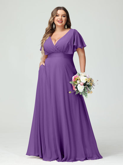 Forme Princesse Col V Manches Courtes Mousseline Grande taille Robes de demoiselle d'honneur avec Poches