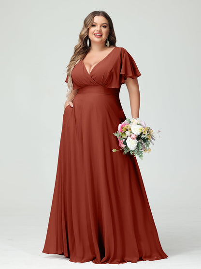 Forme Princesse Col V Manches Courtes Mousseline Grande taille Robes de demoiselle d'honneur avec Poches