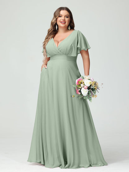 Forme Princesse Col V Manches Courtes Mousseline Grande taille Robes de demoiselle d'honneur avec Poches