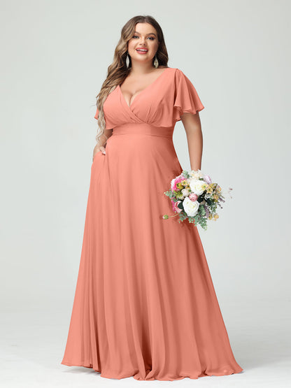 Forme Princesse Col V Manches Courtes Mousseline Grande taille Robes de demoiselle d'honneur avec Poches