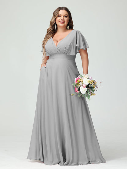 Forme Princesse Col V Manches Courtes Mousseline Grande taille Robes de demoiselle d'honneur avec Poches