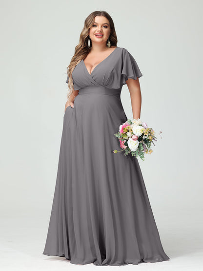 Forme Princesse Col V Manches Courtes Mousseline Grande taille Robes de demoiselle d'honneur avec Poches