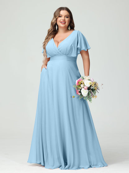 Forme Princesse Col V Manches Courtes Mousseline Grande taille Robes de demoiselle d'honneur avec Poches