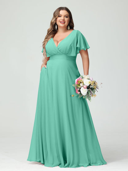 Forme Princesse Col V Manches Courtes Mousseline Grande taille Robes de demoiselle d'honneur avec Poches