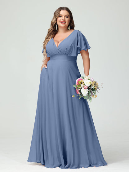 Forme Princesse Col V Manches Courtes Mousseline Grande taille Robes de demoiselle d'honneur avec Poches