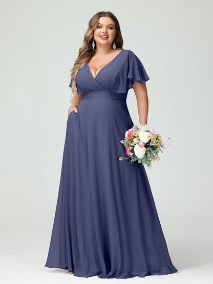 Forme Princesse Col V Manches Courtes Mousseline Grande taille Robes de demoiselle d'honneur avec Poches