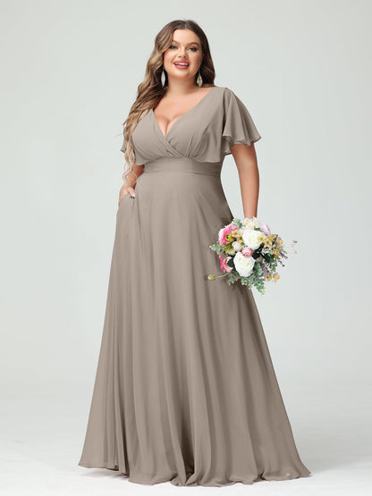 Forme Princesse Col V Manches Courtes Mousseline Grande taille Robes de demoiselle d'honneur avec Poches