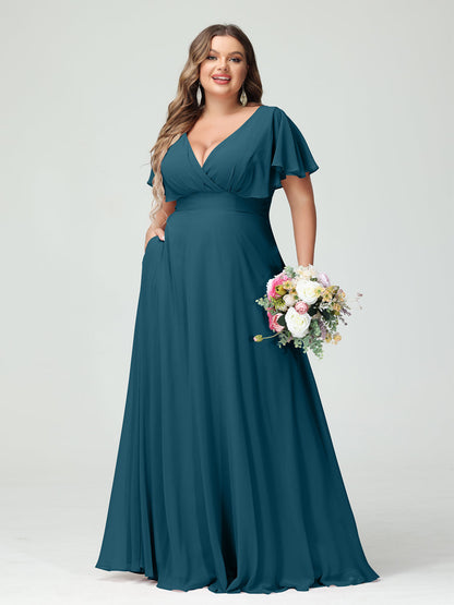 Forme Princesse Col V Manches Courtes Mousseline Grande taille Robes de demoiselle d'honneur avec Poches