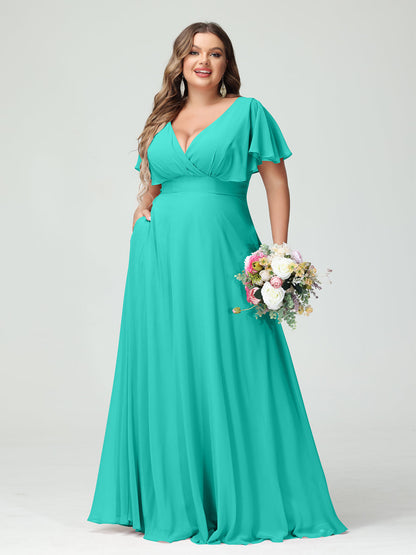 Forme Princesse Col V Manches Courtes Mousseline Grande taille Robes de demoiselle d'honneur avec Poches