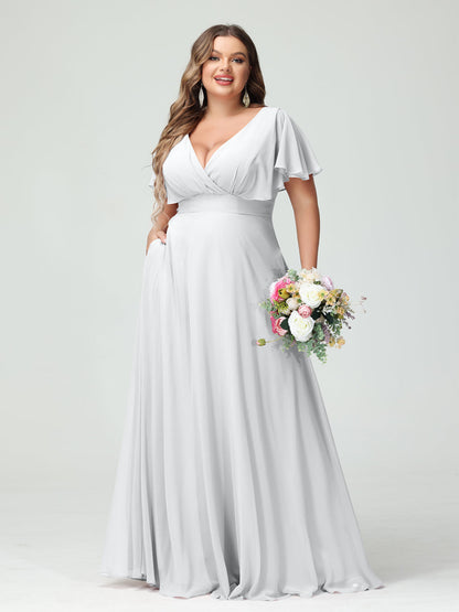 Forme Princesse Col V Manches Courtes Mousseline Grande taille Robes de demoiselle d'honneur avec Poches