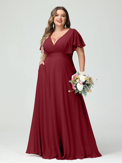 Forme Princesse Col V Manches Courtes Mousseline Grande taille Robes de demoiselle d'honneur avec Poches