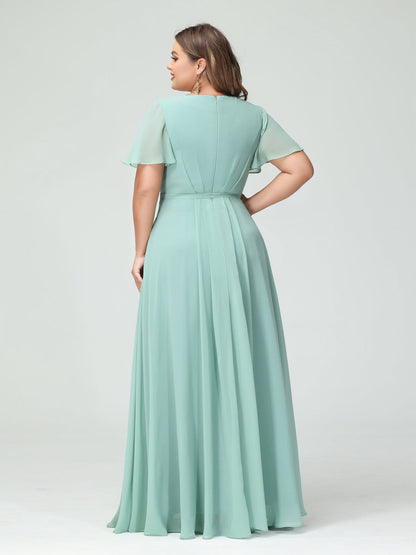 Forme Princesse Col en V Manches courtes Mousseline de soie Fendue sur le côté Grande taille Robes de demoiselle d'honneur avec poches Ceinture