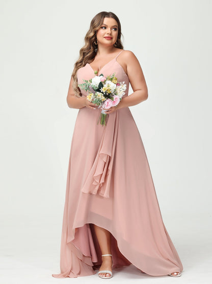 Forme Princesse Bretelles spaghetti Mousseline de soie Volants Asymétrique Grande taille Robes de demoiselle d'honneur avec poches