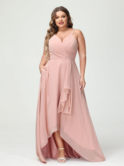 Forme Princesse Bretelles spaghetti Mousseline de soie Volants Asymétrique Grande taille Robes de demoiselle d'honneur avec poches