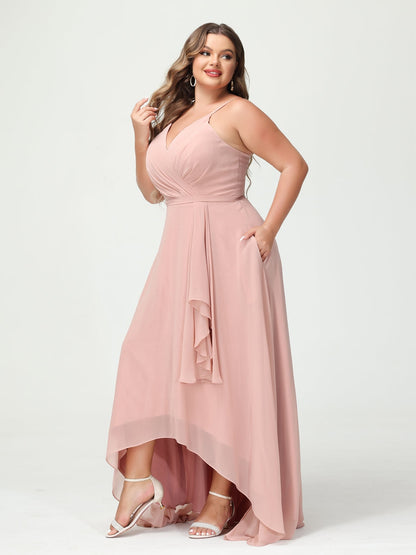 Forme Princesse Bretelles spaghetti Mousseline de soie Volants Asymétrique Grande taille Robes de demoiselle d'honneur avec poches