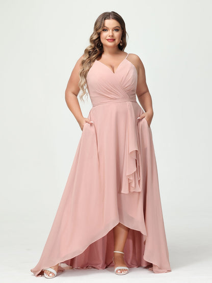 Forme Princesse Bretelles spaghetti Mousseline de soie Volants Asymétrique Grande taille Robes de demoiselle d'honneur avec poches