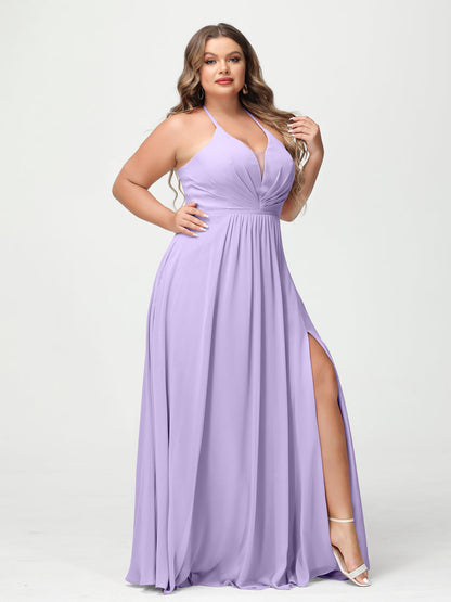 Trapèze/Princesse Licou Sans Manches Mousseline de soie Ruché Fendue sur le côté Grande taille Robes de demoiselle d'honneur avec Poches