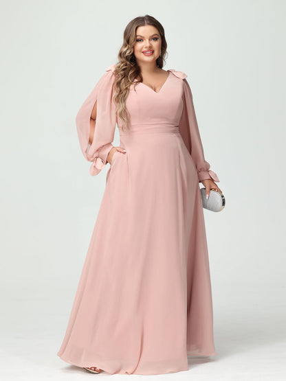 Forme Princesse Col V Manches Longues Mousseline de soie Fendue sur le côté Grande taille Robes de demoiselle d'honneur avec Poches