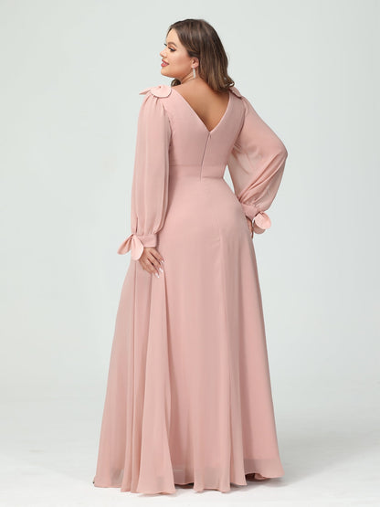 Forme Princesse Col V Manches Longues Mousseline de soie Fendue sur le côté Grande taille Robes de demoiselle d'honneur avec Poches