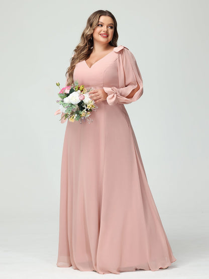 Forme Princesse Col V Manches Longues Mousseline de soie Fendue sur le côté Grande taille Robes de demoiselle d'honneur avec Poches