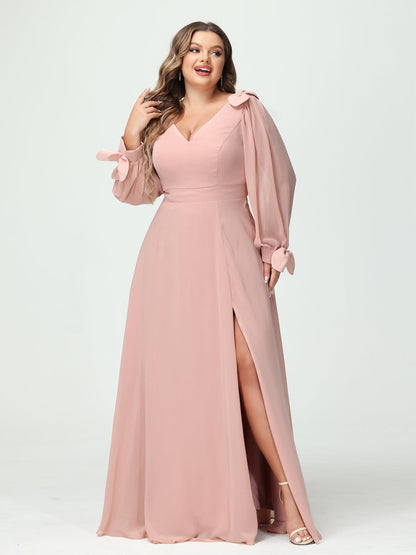 Forme Princesse Col V Manches Longues Mousseline de soie Fendue sur le côté Grande taille Robes de demoiselle d'honneur avec Poches