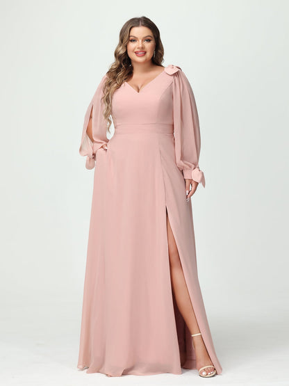 Forme Princesse Col V Manches Longues Mousseline de soie Fendue sur le côté Grande taille Robes de demoiselle d'honneur avec Poches
