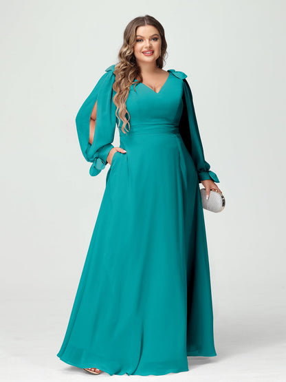 Forme Princesse Col V Manches Longues Mousseline de soie Fendue sur le côté Grande taille Robes de demoiselle d'honneur avec Poches