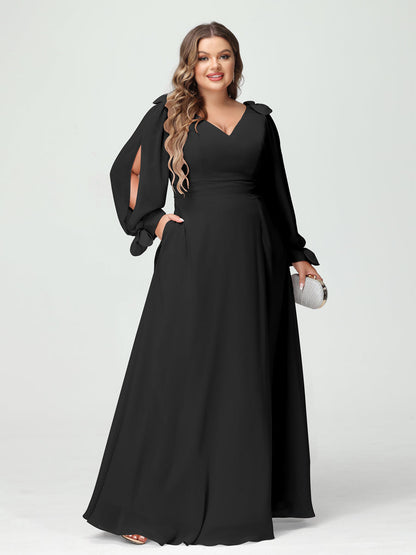 Forme Princesse Col V Manches Longues Mousseline de soie Fendue sur le côté Grande taille Robes de demoiselle d'honneur avec Poches
