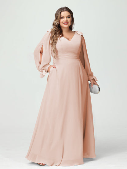 Forme Princesse Col V Manches Longues Mousseline de soie Fendue sur le côté Grande taille Robes de demoiselle d'honneur avec Poches