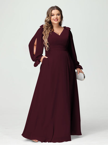 Forme Princesse Col V Manches Longues Mousseline de soie Fendue sur le côté Grande taille Robes de demoiselle d'honneur avec Poches