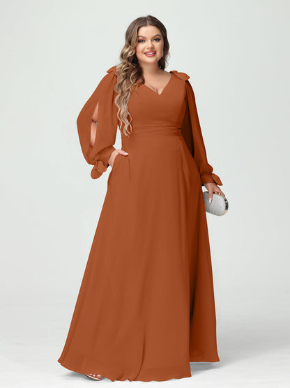 Forme Princesse Col V Manches Longues Mousseline de soie Fendue sur le côté Grande taille Robes de demoiselle d'honneur avec Poches