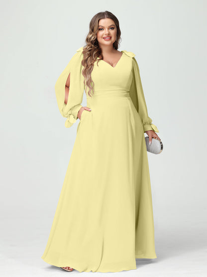 Forme Princesse Col V Manches Longues Mousseline de soie Fendue sur le côté Grande taille Robes de demoiselle d'honneur avec Poches
