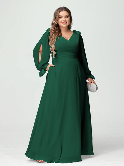 Forme Princesse Col V Manches Longues Mousseline de soie Fendue sur le côté Grande taille Robes de demoiselle d'honneur avec Poches