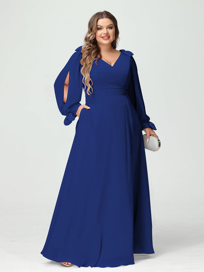 Forme Princesse Col V Manches Longues Mousseline de soie Fendue sur le côté Grande taille Robes de demoiselle d'honneur avec Poches