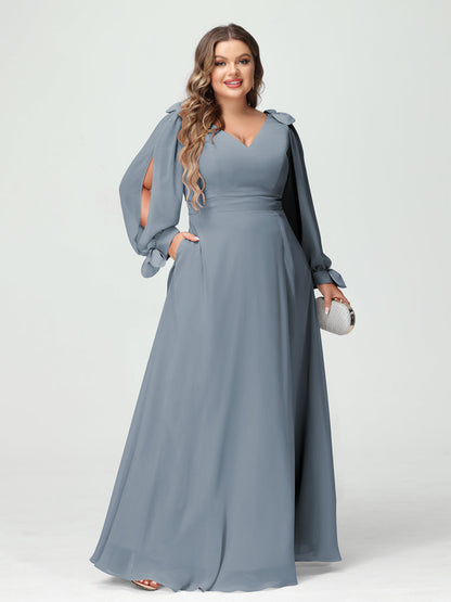 Forme Princesse Col V Manches Longues Mousseline de soie Fendue sur le côté Grande taille Robes de demoiselle d'honneur avec Poches