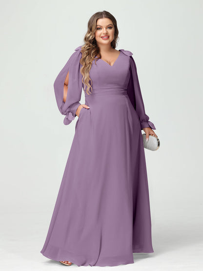 Forme Princesse Col V Manches Longues Mousseline de soie Fendue sur le côté Grande taille Robes de demoiselle d'honneur avec Poches
