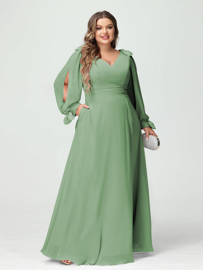 Forme Princesse Col V Manches Longues Mousseline de soie Fendue sur le côté Grande taille Robes de demoiselle d'honneur avec Poches