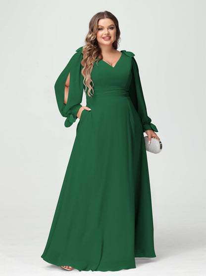Forme Princesse Col V Manches Longues Mousseline de soie Fendue sur le côté Grande taille Robes de demoiselle d'honneur avec Poches