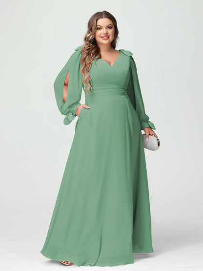 Forme Princesse Col V Manches Longues Mousseline de soie Fendue sur le côté Grande taille Robes de demoiselle d'honneur avec Poches