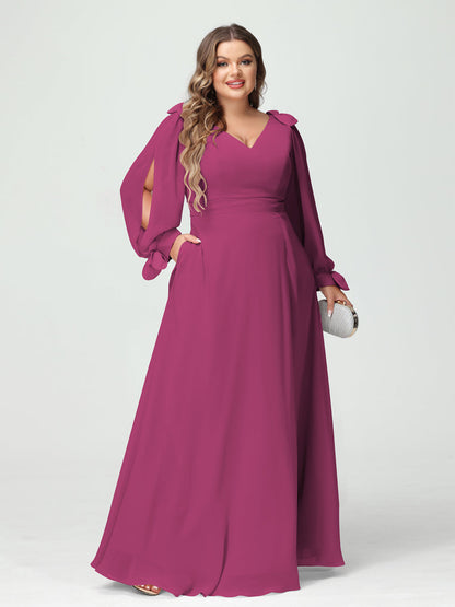 Forme Princesse Col V Manches Longues Mousseline de soie Fendue sur le côté Grande taille Robes de demoiselle d'honneur avec Poches