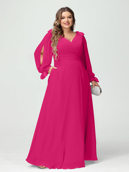 Forme Princesse Col V Manches Longues Mousseline de soie Fendue sur le côté Grande taille Robes de demoiselle d'honneur avec Poches
